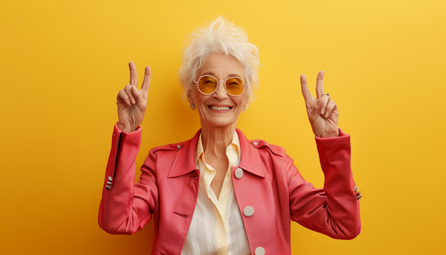 Joyful Elderly Woman Making Peace Sign