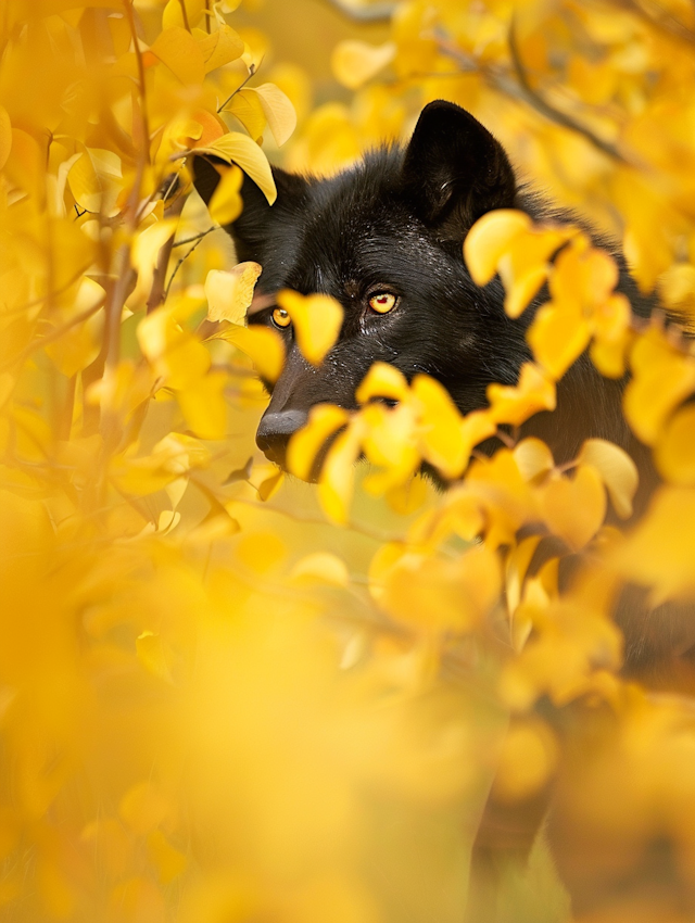 Black Wolf in Autumn Foliage