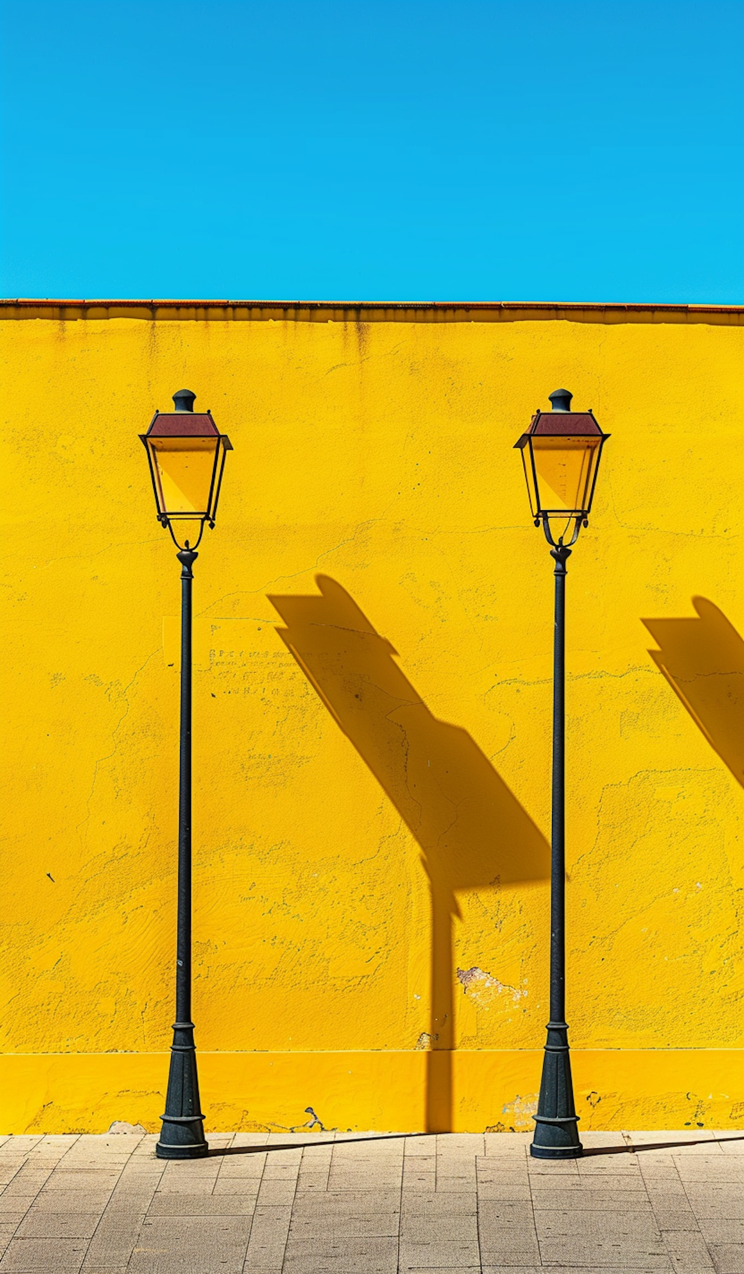 Symmetrical Street Lamps Against Vibrant Yellow Wall