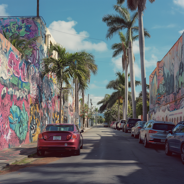 Vibrant Urban Street with Graffiti and Red Sports Coupe