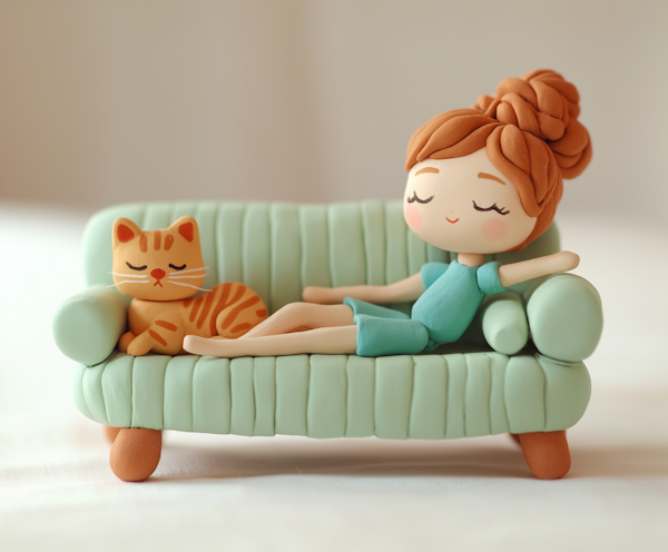 Clay Figurines of Girl and Cat on Sofa