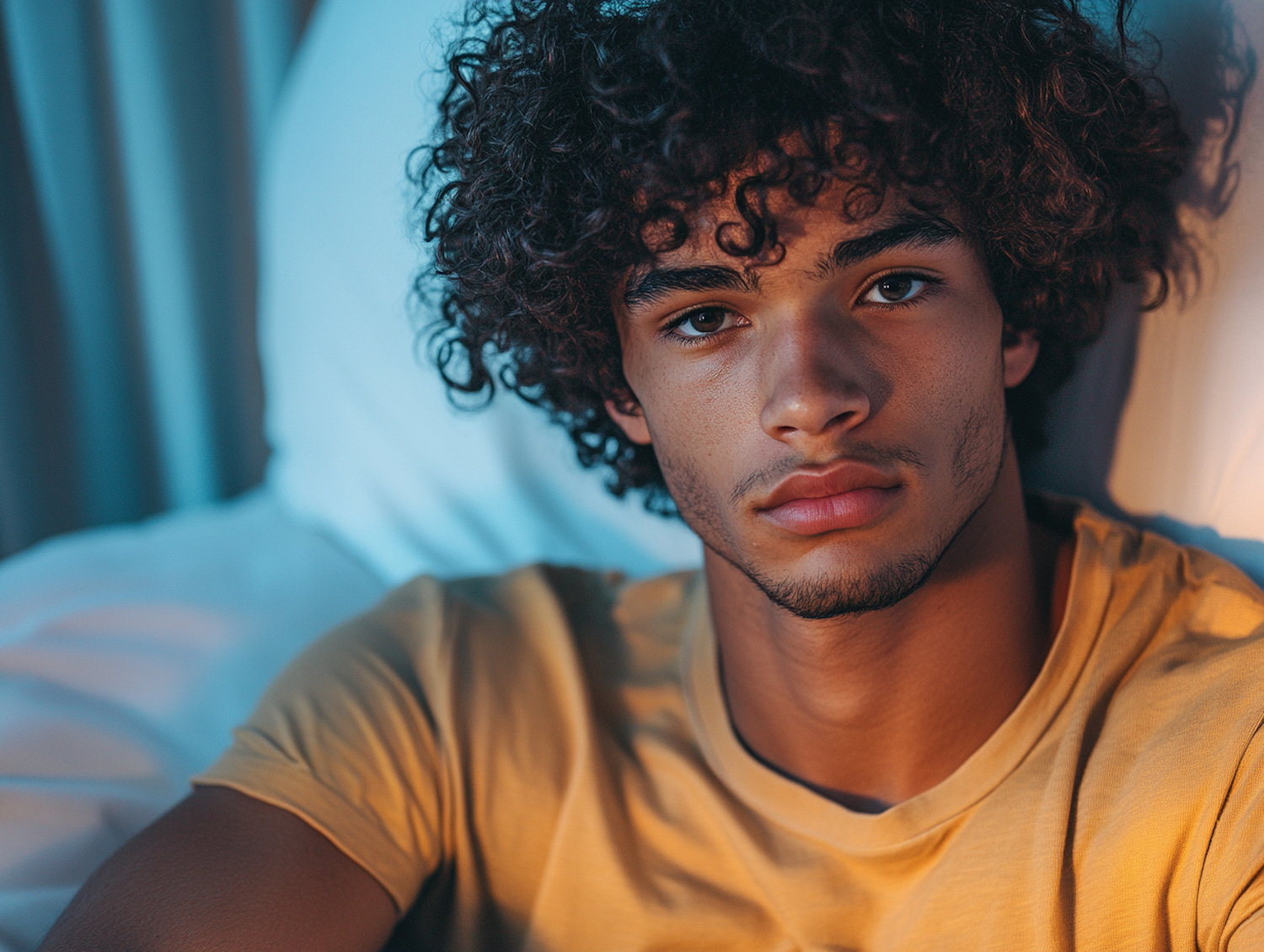 Young Man with Curly Hair in Yellow Shirt