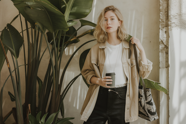 Calm Woman Holding a Coffee Cup Amidst Tropical Plants