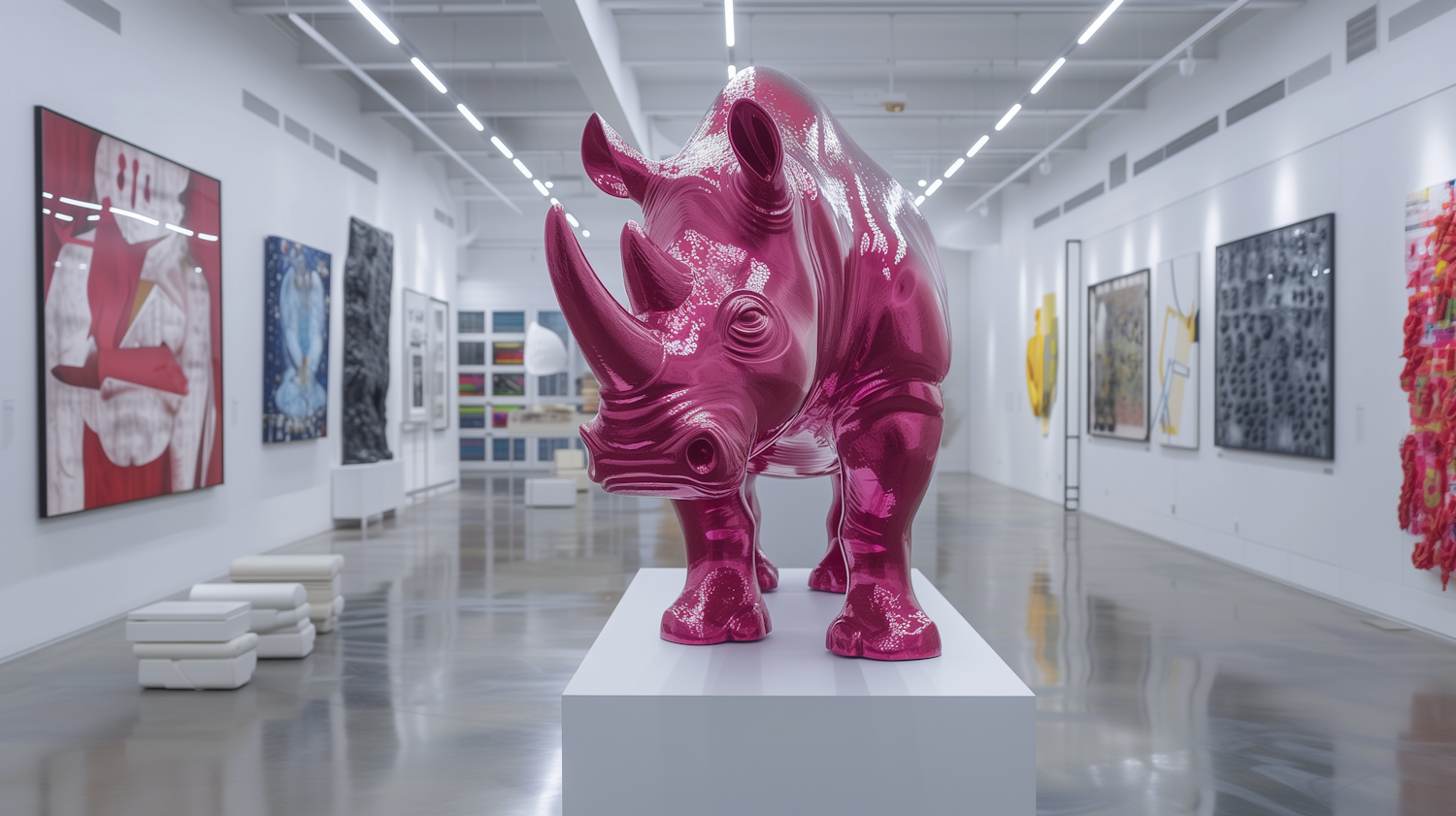 Contemporary Art Gallery with Magenta Rhino Sculpture