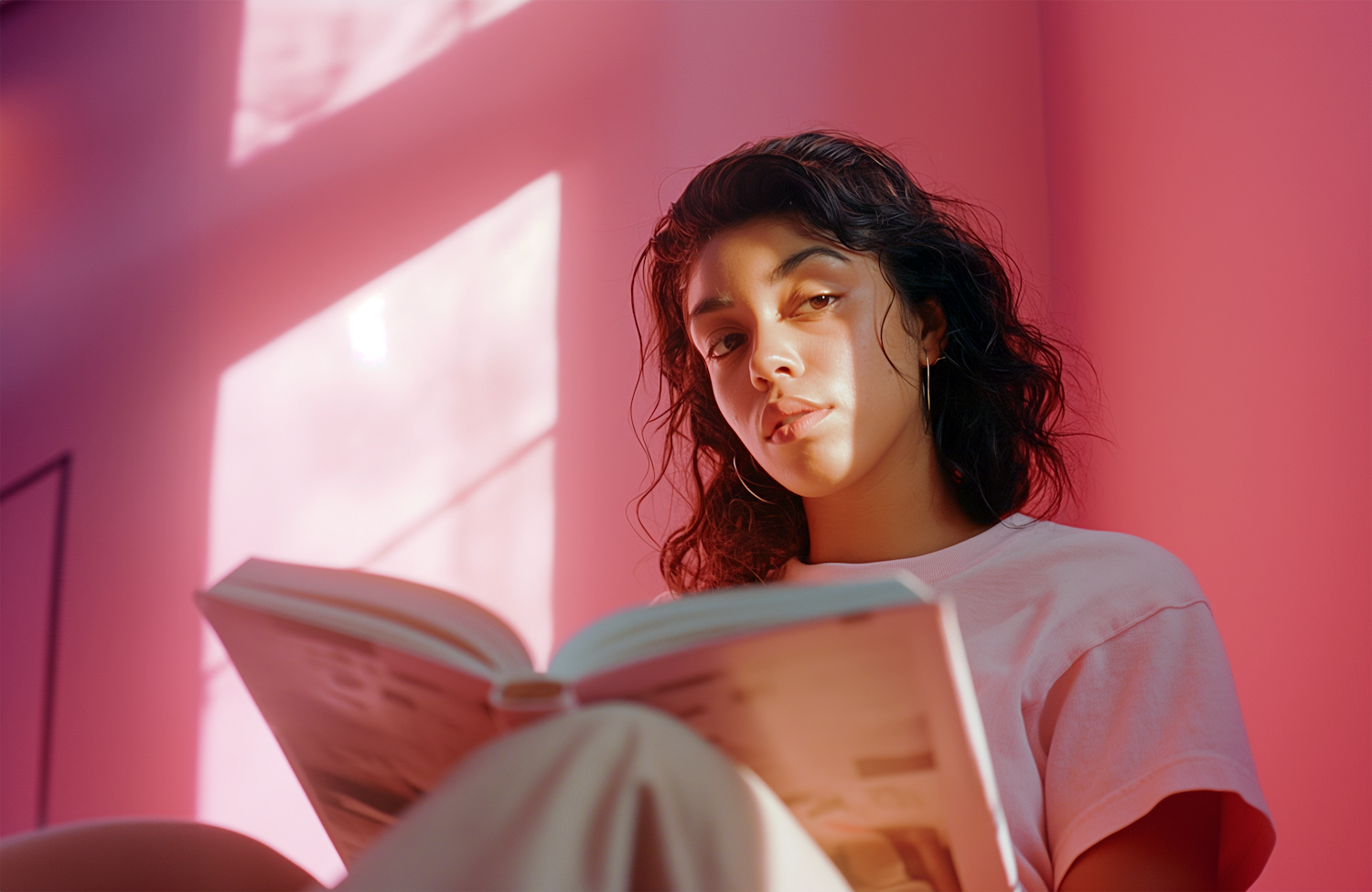 Woman Reading in Pinkish Light