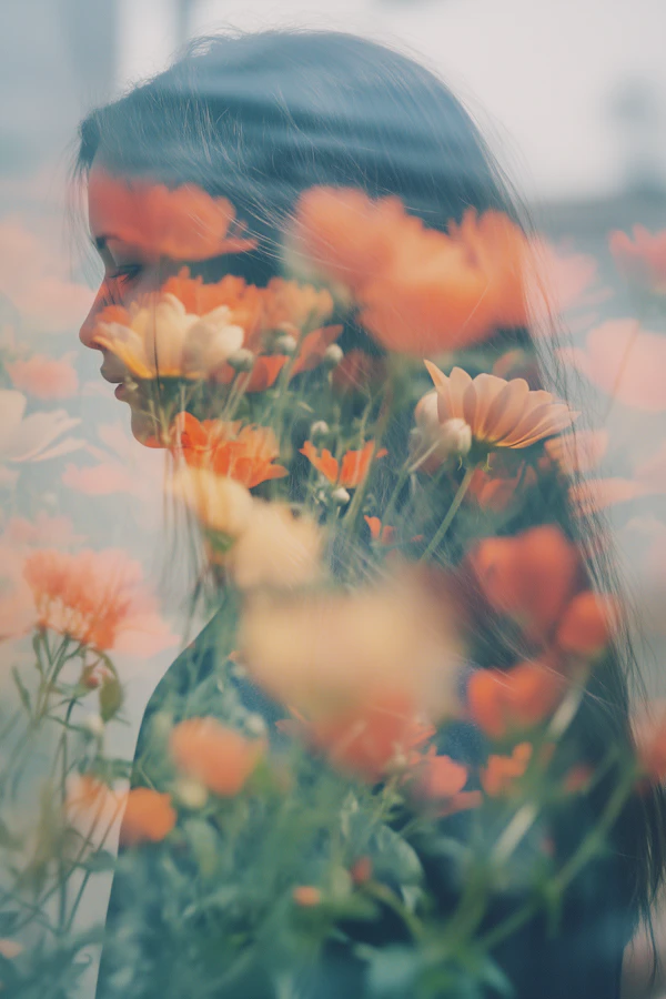 Double Exposure of Woman and Flowers