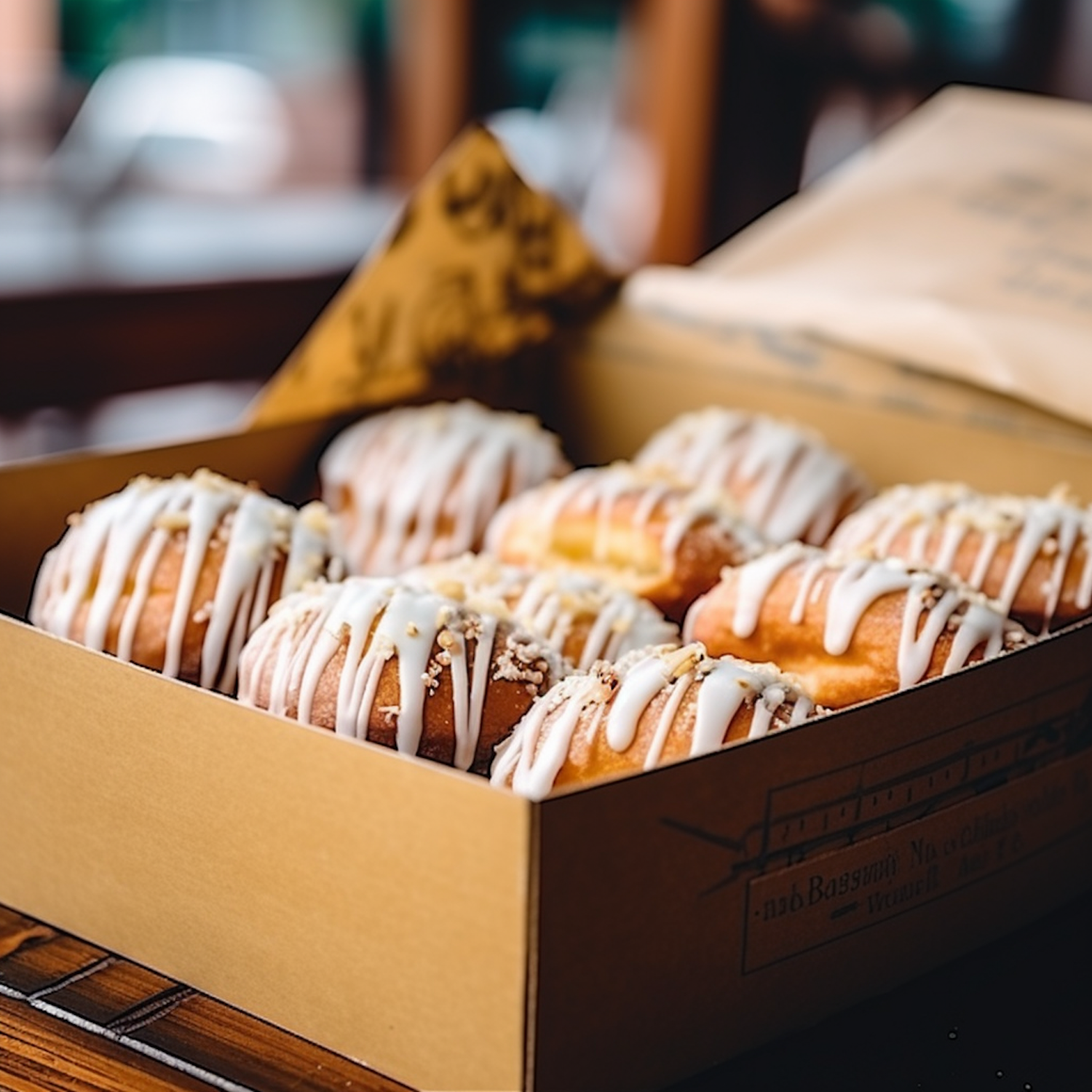 Appetizing Glazed Donuts with Nuts in Cardboard Box