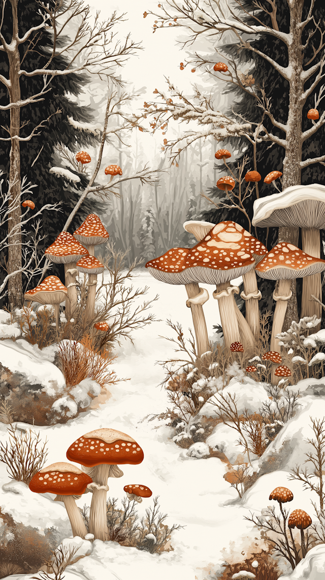 Serene Winter Forest with Red Mushrooms