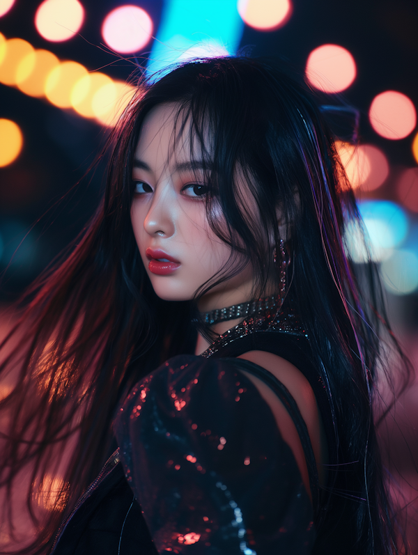 Serene Portrait Amidst Vibrant Bokeh Lights