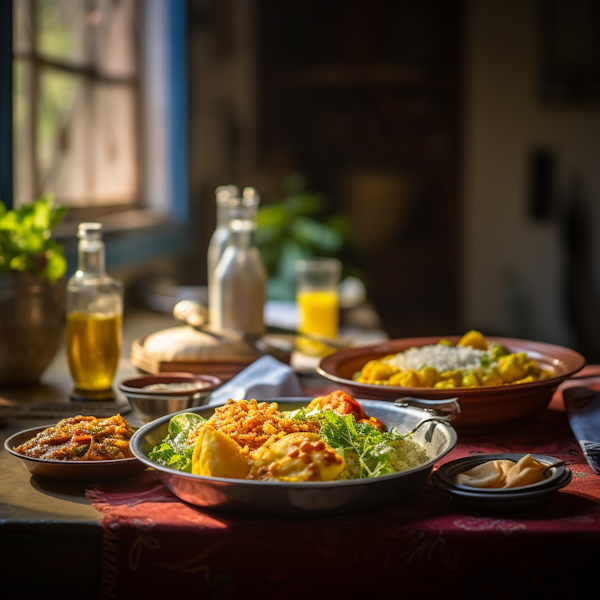 Rustic Homestyle Main Course with Rice and Warm Sunlit Ambiance