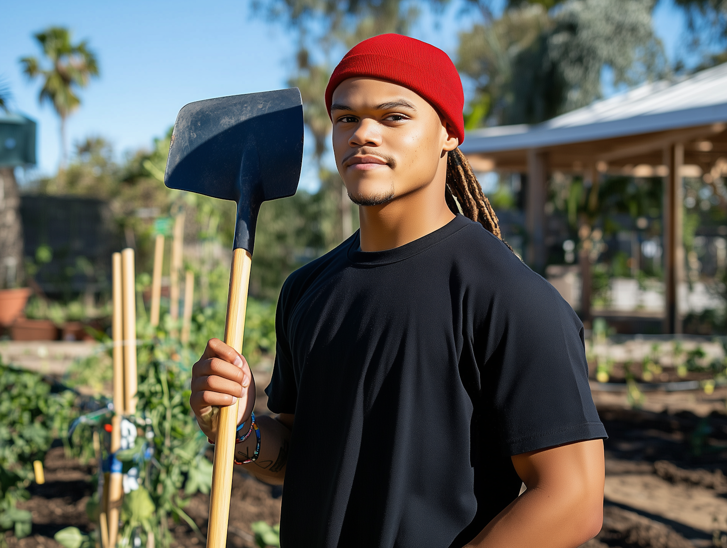 Young Man in Garden with Shovel