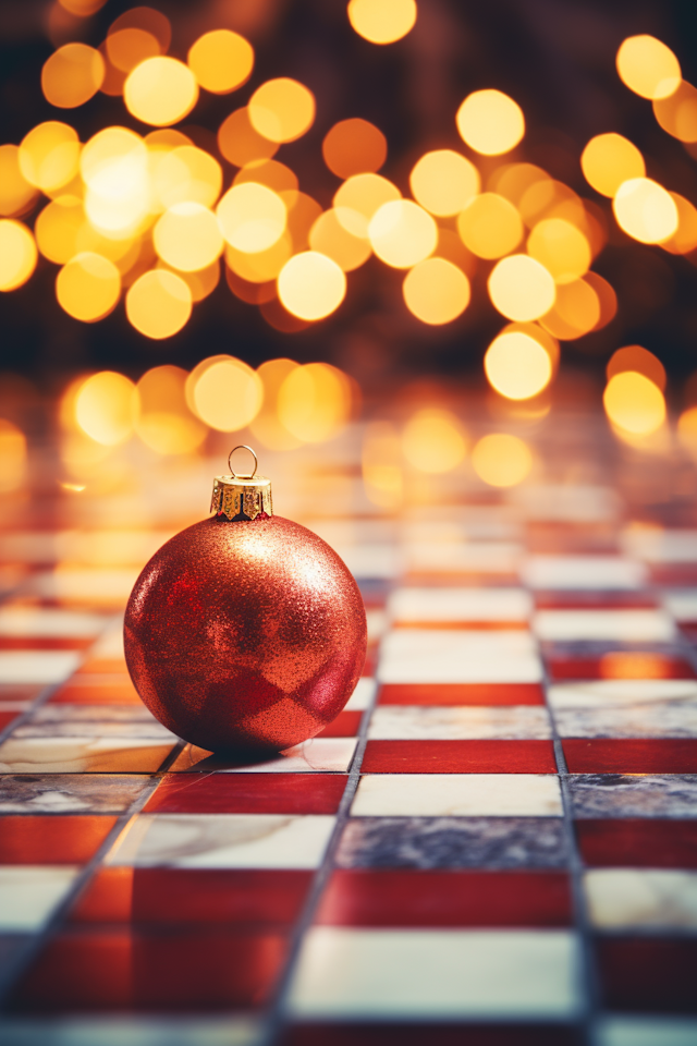 Glittering Solitude - Festive Red Bauble on Checkered Tiles