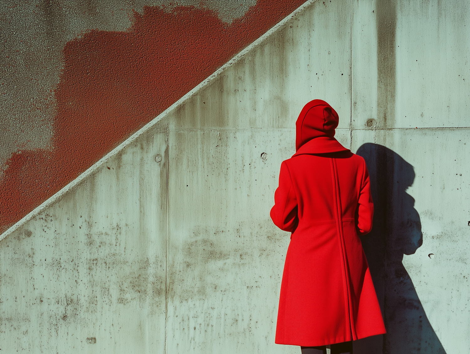 Red Coat Against Textured Wall