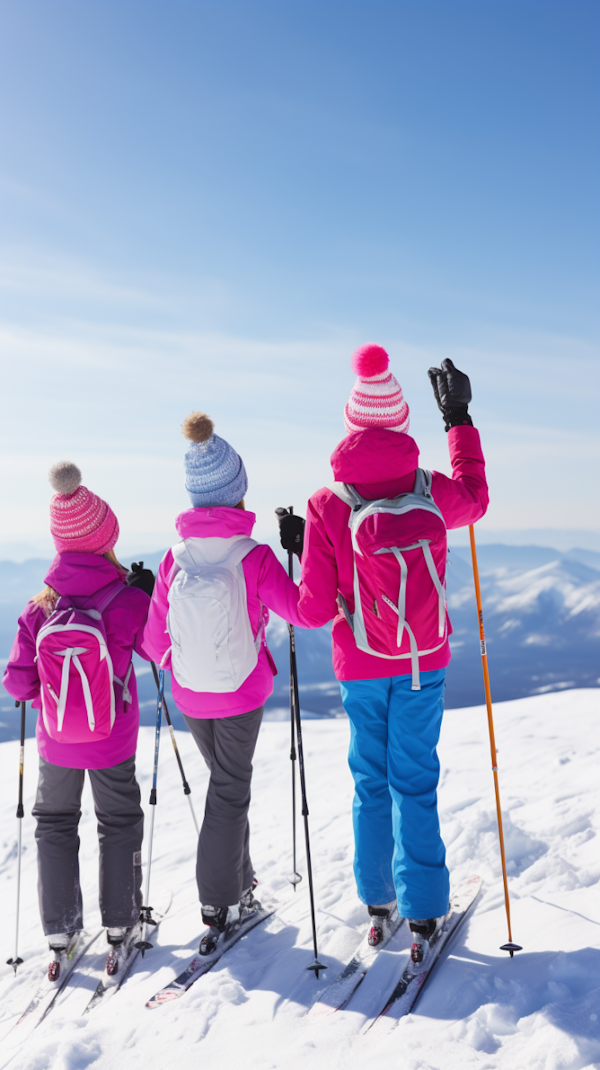 Diagonal Trio in Vibrant Winter Attire Cross-Country Skiing