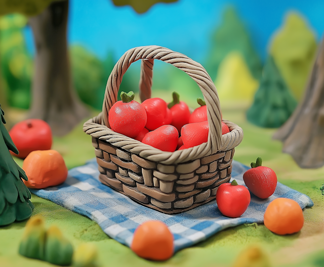 Storybook Picnic Scene with Basket of Apples