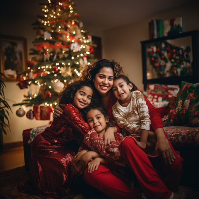 Festive Family Embrace by the Christmas Tree