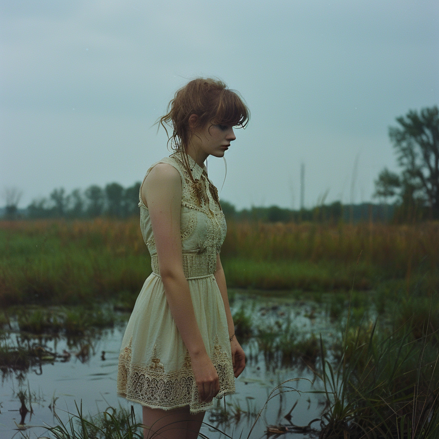 Contemplative Woman in a Marshy Field