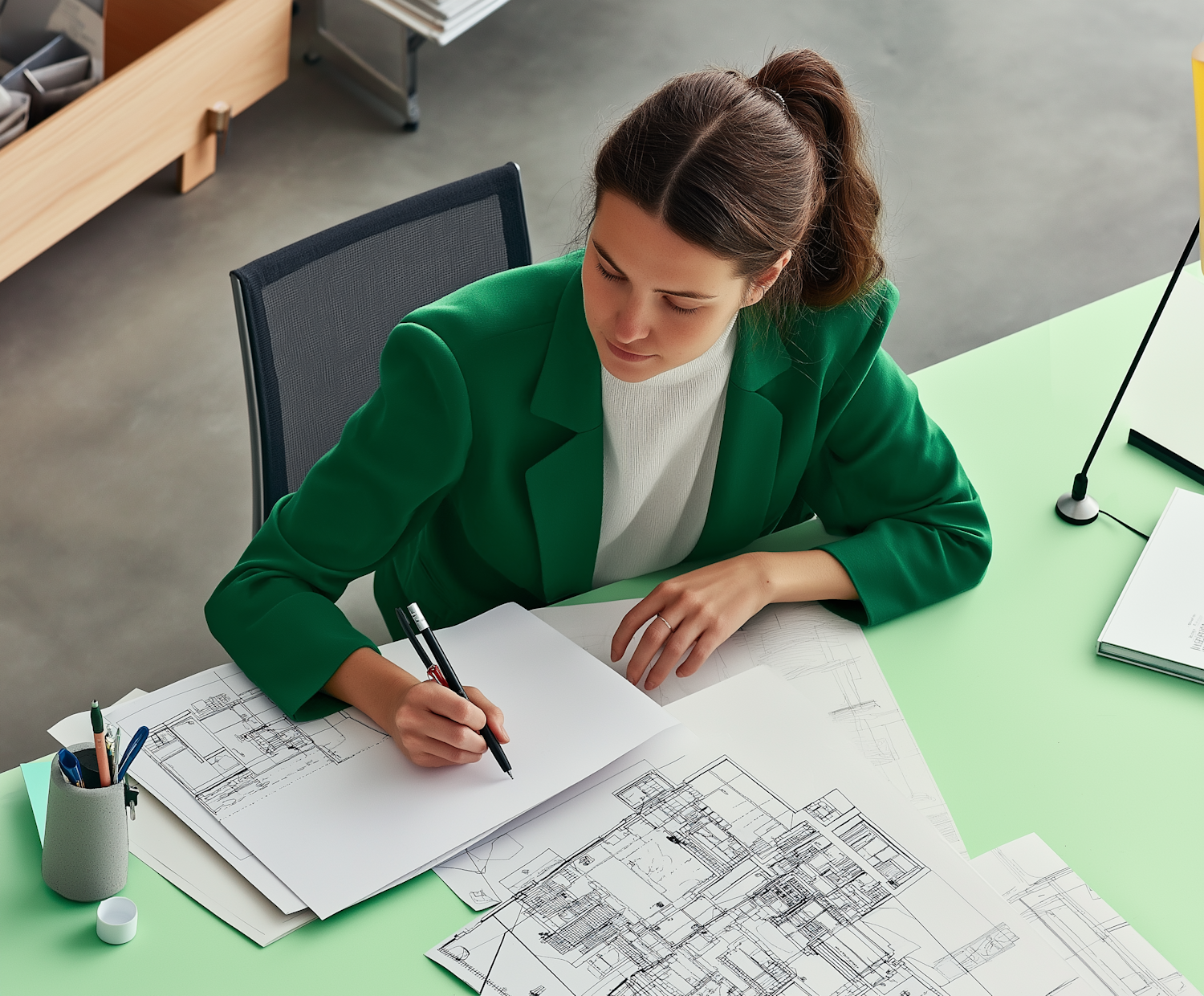 Woman at Desk with Architectural Plans