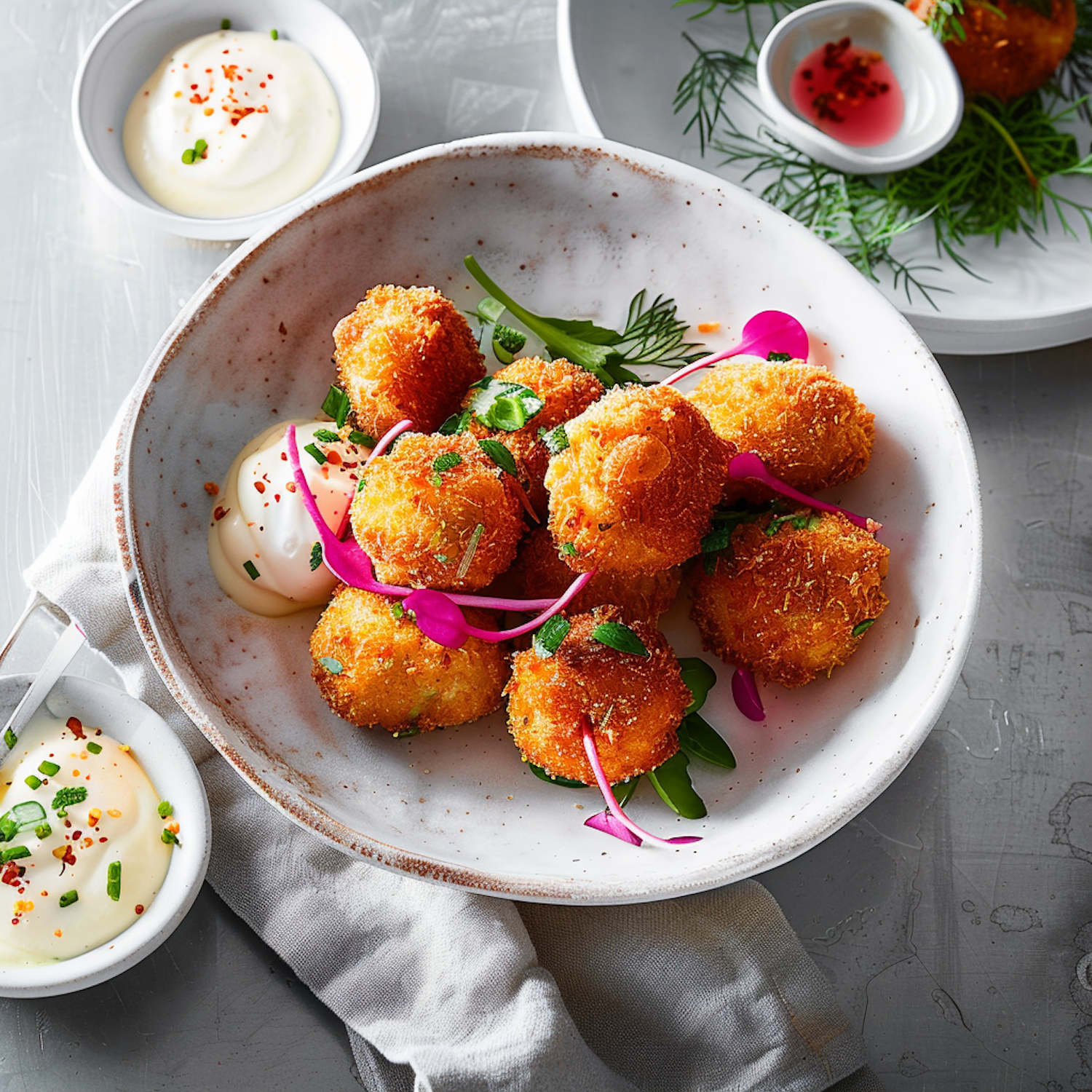 Gourmet Fried Balls with Dips and Garnish