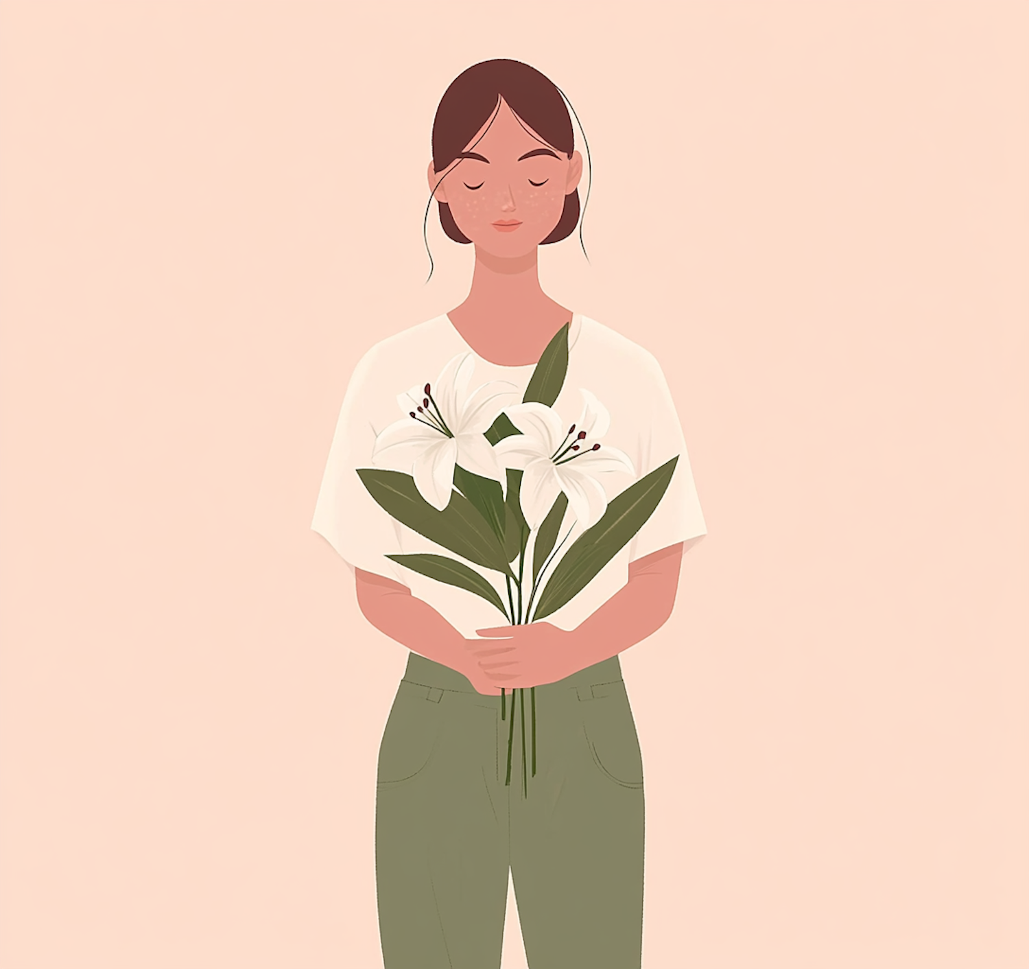 Serene Illustration of Woman with White Lilies