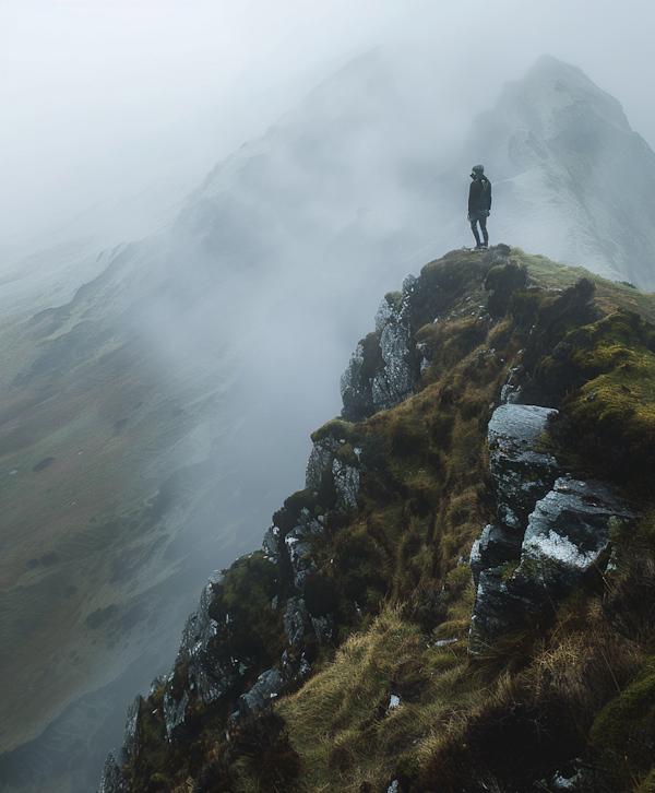 Contemplative Adventurer on Misty Mountain Peak