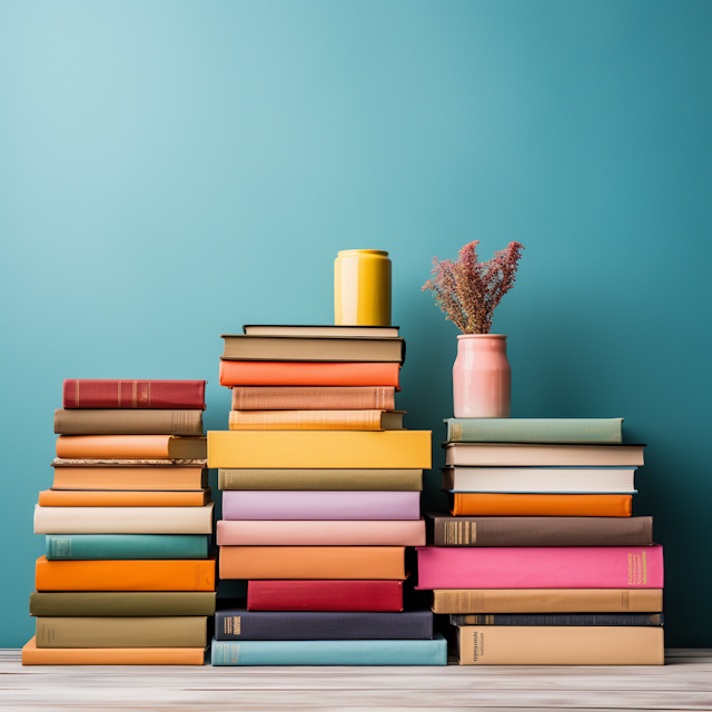 Symmetrical Stacks of Rainbow-Colored Books with Decorative Elements