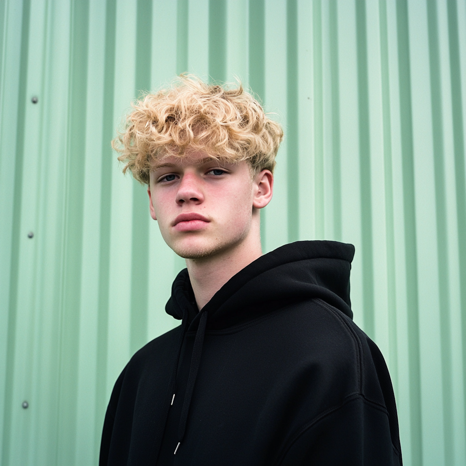 Contemplative Portrait Against Green Wall