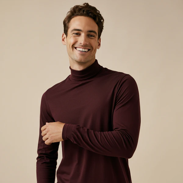 Cheerful Man in Maroon Turtleneck