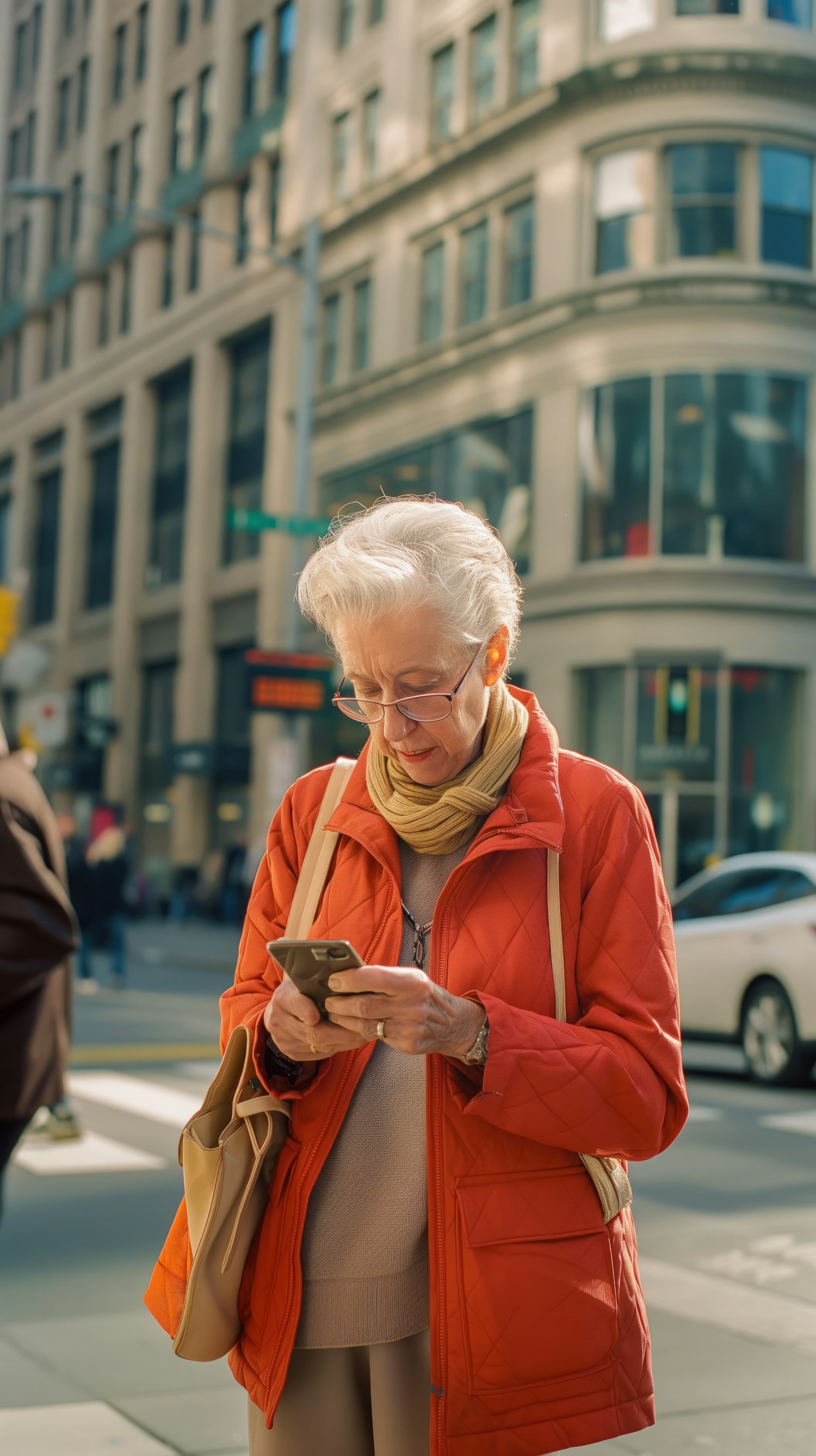 Elderly Woman Engaged with Smartphone on Busy Street