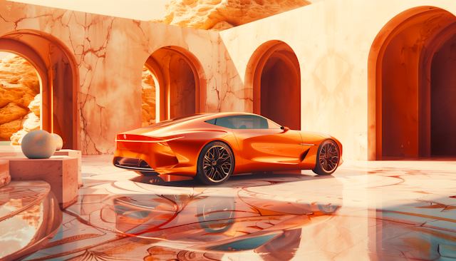 Futuristic Orange Sports Car in Luxurious Setting