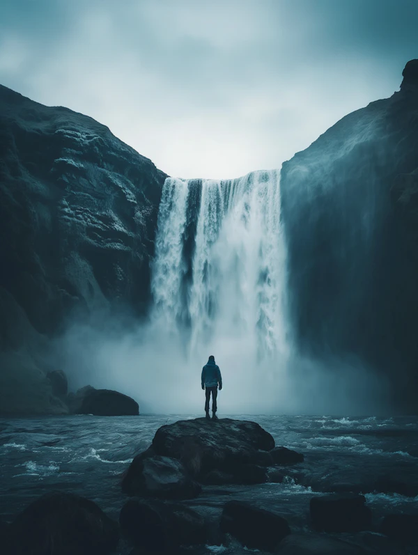 Human Contemplating at Waterfall