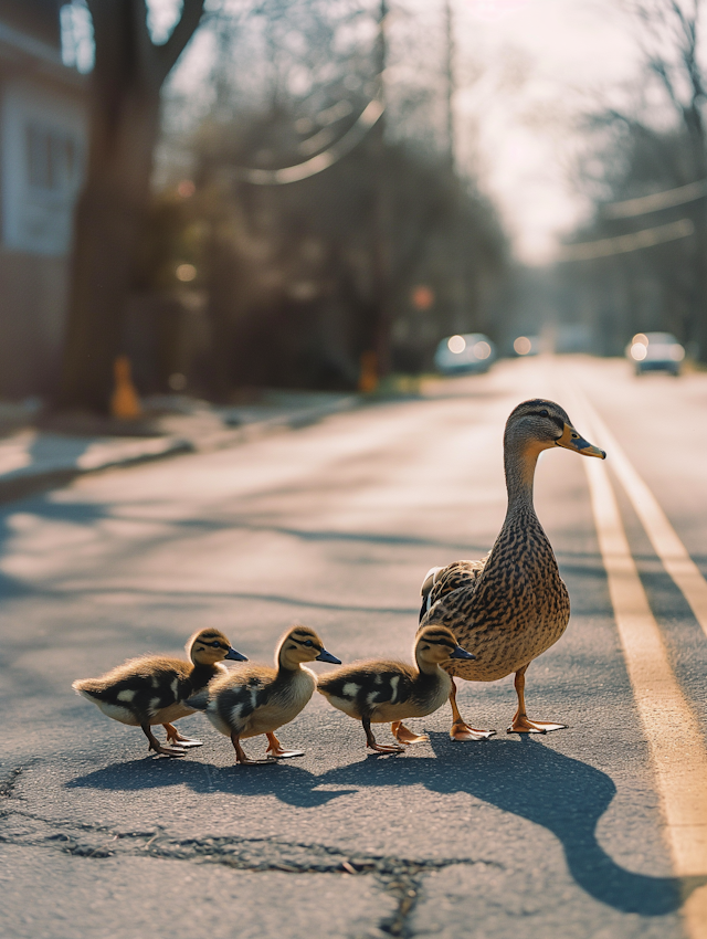 Family of Ducks Crossing Road