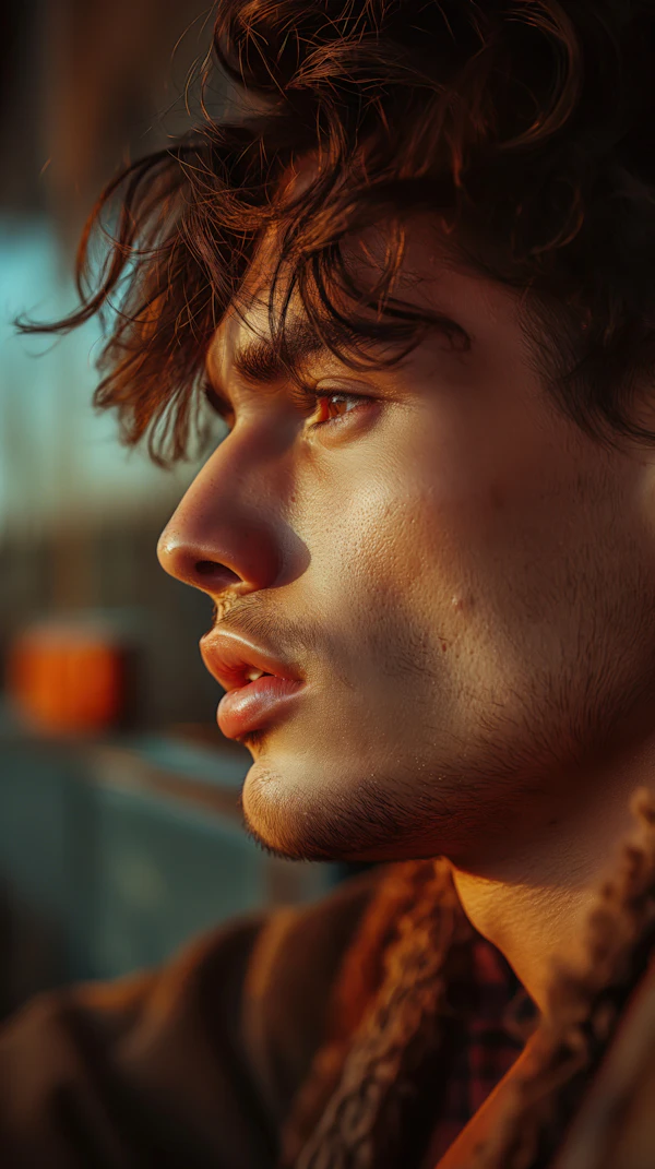 Contemplative Young Man in Warm Sunlight