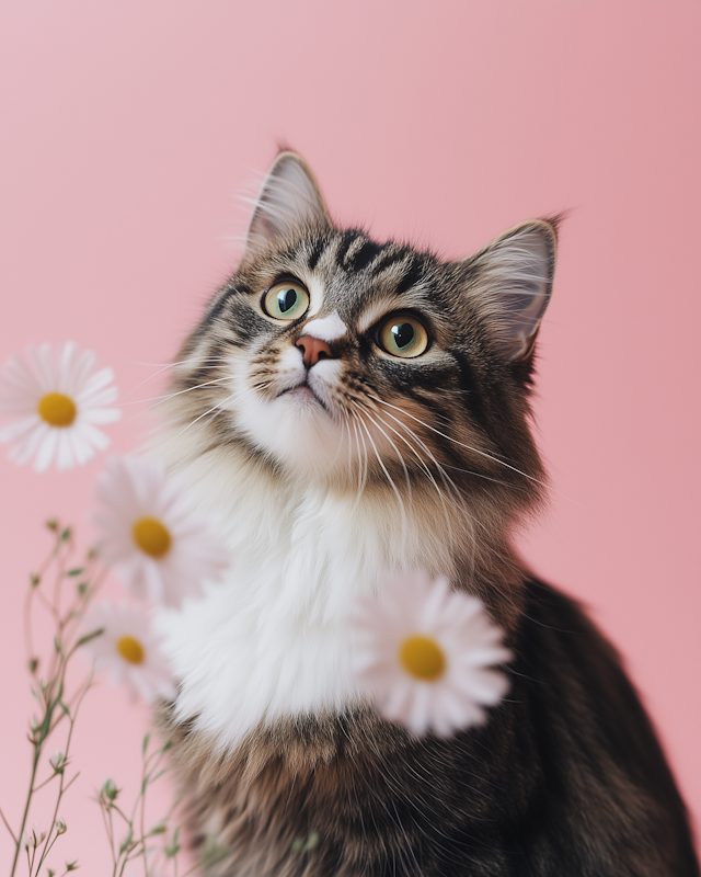 Curious Cat with Daisies