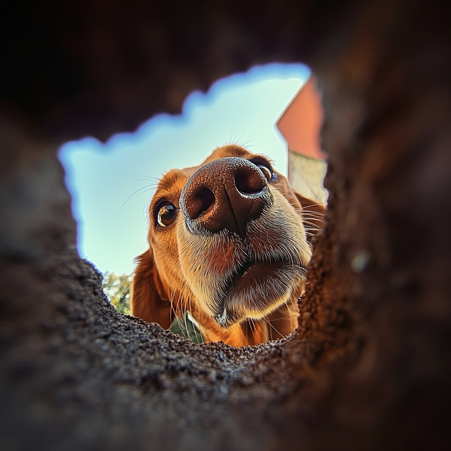 Curious Dog Peering Through Hole