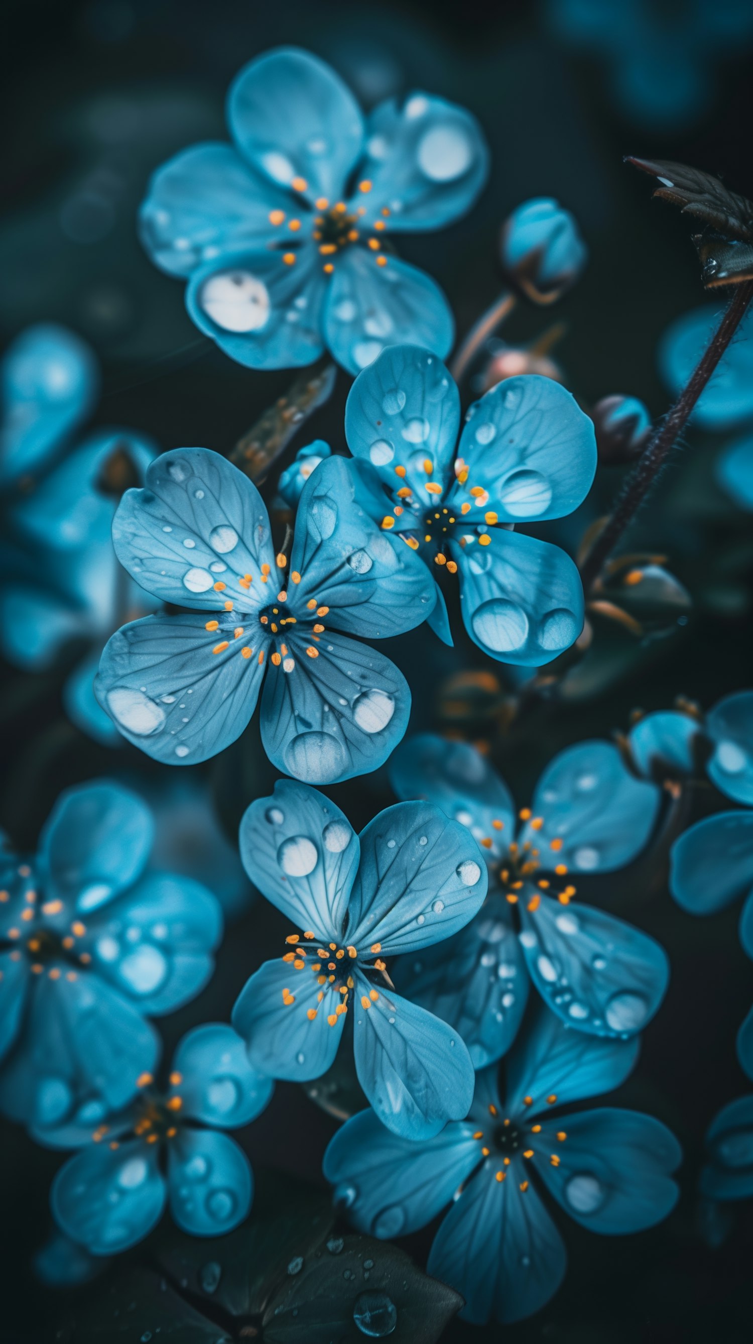 Vibrant Blue Flowers with Water Droplets