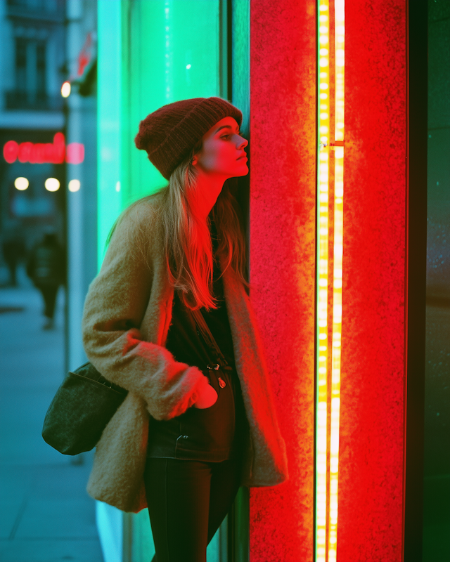 Contemplative Woman in Neon Lights