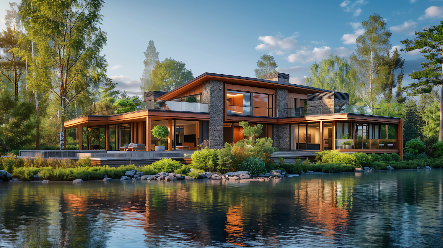 Luxurious Lakeside Modern House at Sunset