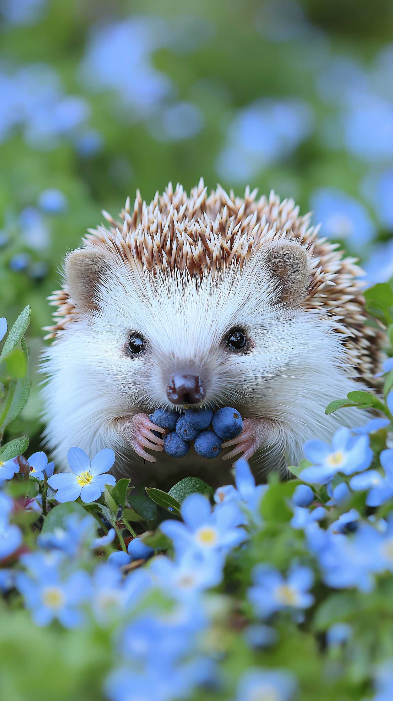 Hedgehog with Blueberries Among Forget-Me-Not Flowers