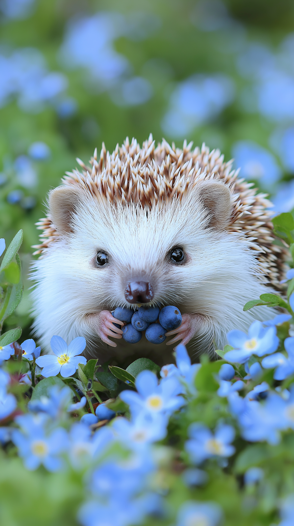 Hedgehog with Blueberries Among Forget-Me-Not Flowers