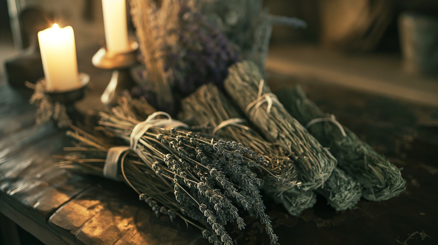 Rustic Herbal Still Life with Candle Glow