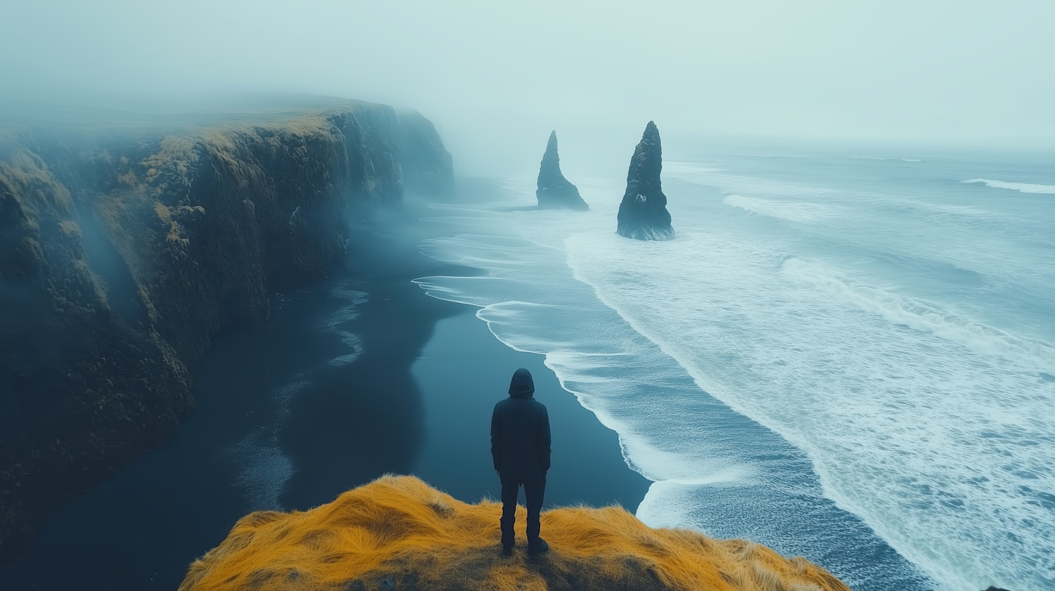 Solitary Figure on Coastal Cliff