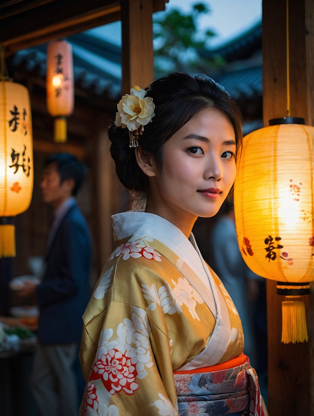 Woman in Traditional Kimono with Lanterns