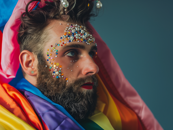 Contemplative Man with Bejeweled Beard and Rainbow Fabric