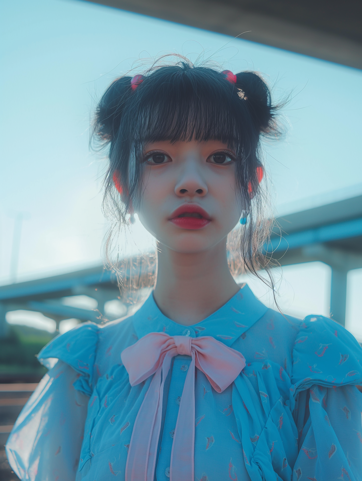 Contemplative Young Girl in Light Blue Dress