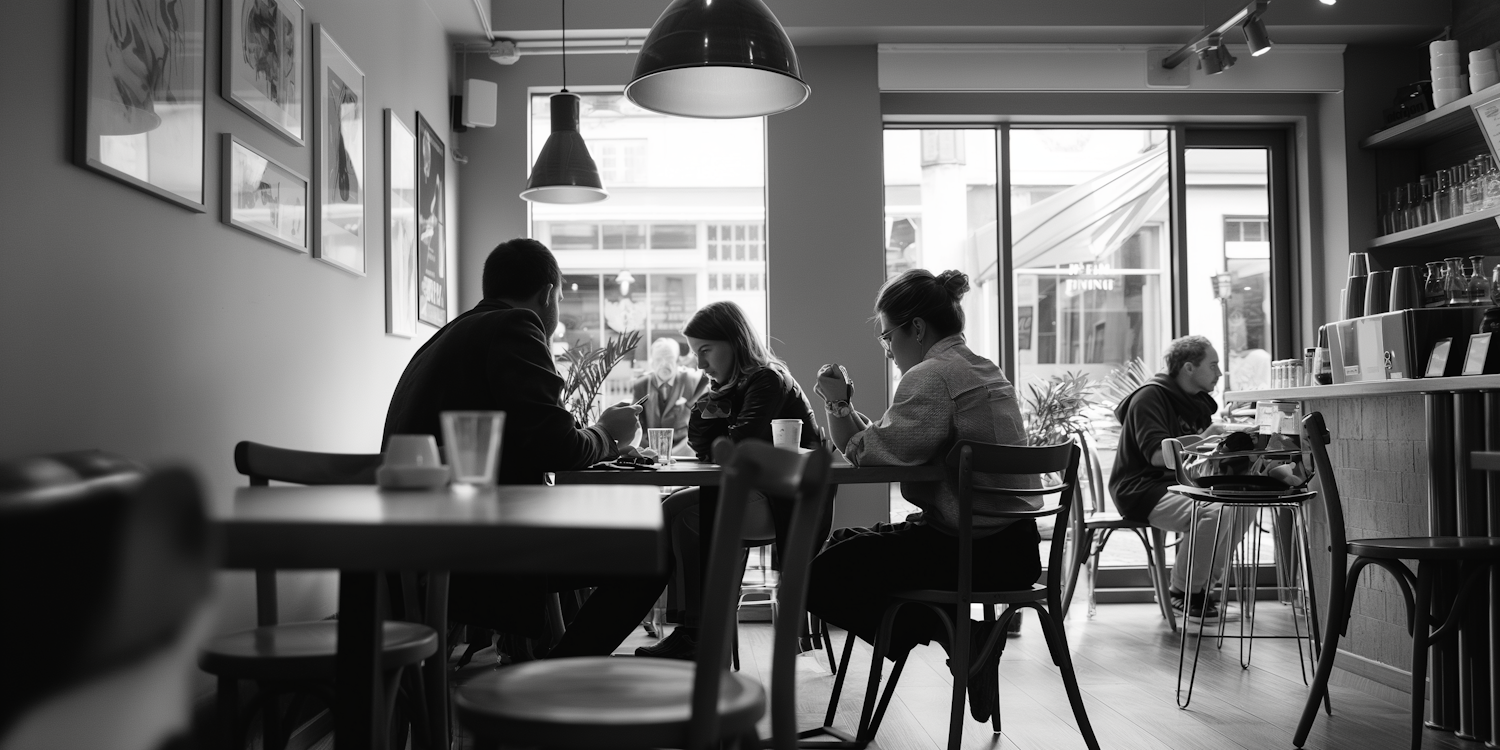 Black and White Café Interior with Patrons