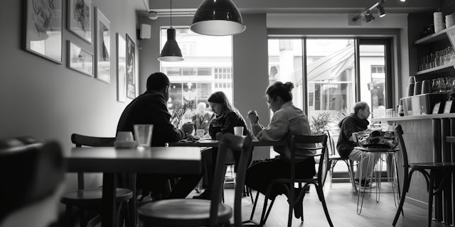 Black and White Café Interior with Patrons