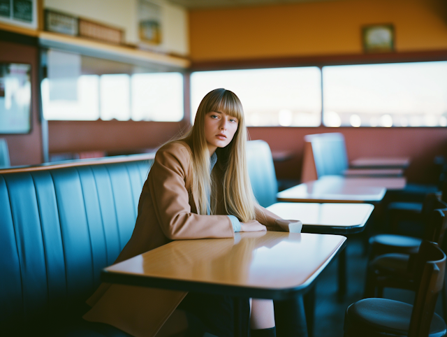 Contemplative Woman in Retro Diner