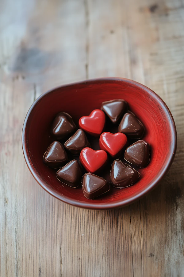 Heart-Shaped Chocolates in Red Bowl