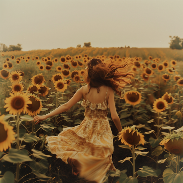 Twirling Woman in Sunflower Field